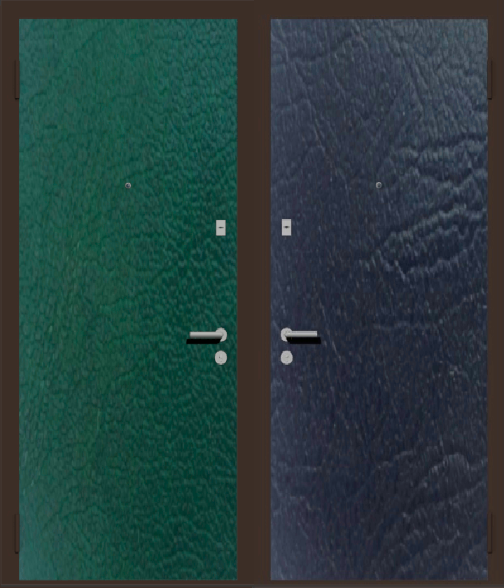 Дешевая входная металлическая дверь с отделкой винилискожа изнутри: черная, снаружи: зеленая