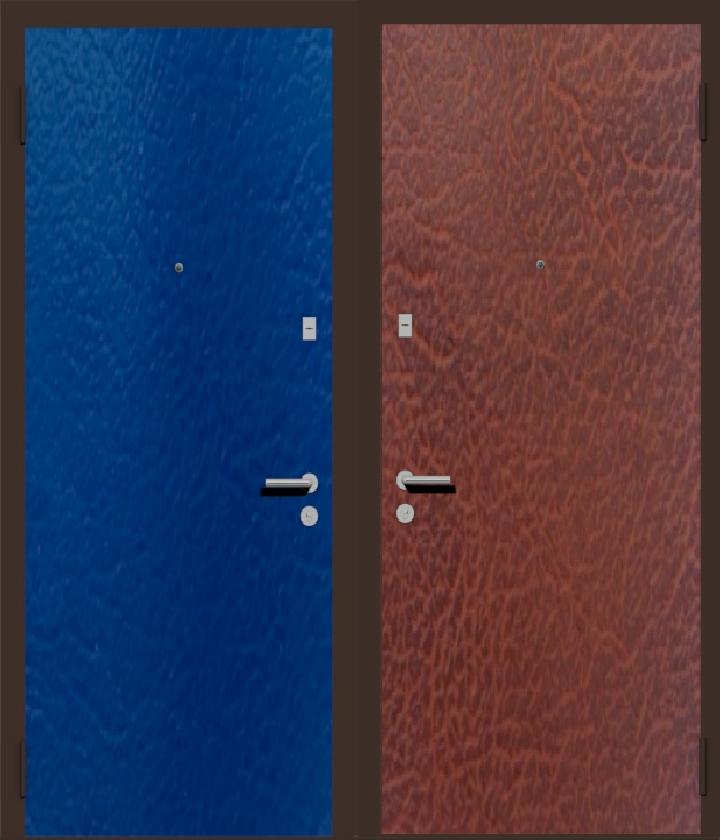 Дешевая входная металлическая дверь с отделкой винилискожа синяя и табак