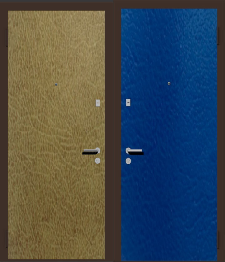 Дешевая входная металлическая дверь с отделкой винилискожа изнутри: синяя, снаружи: бежевая