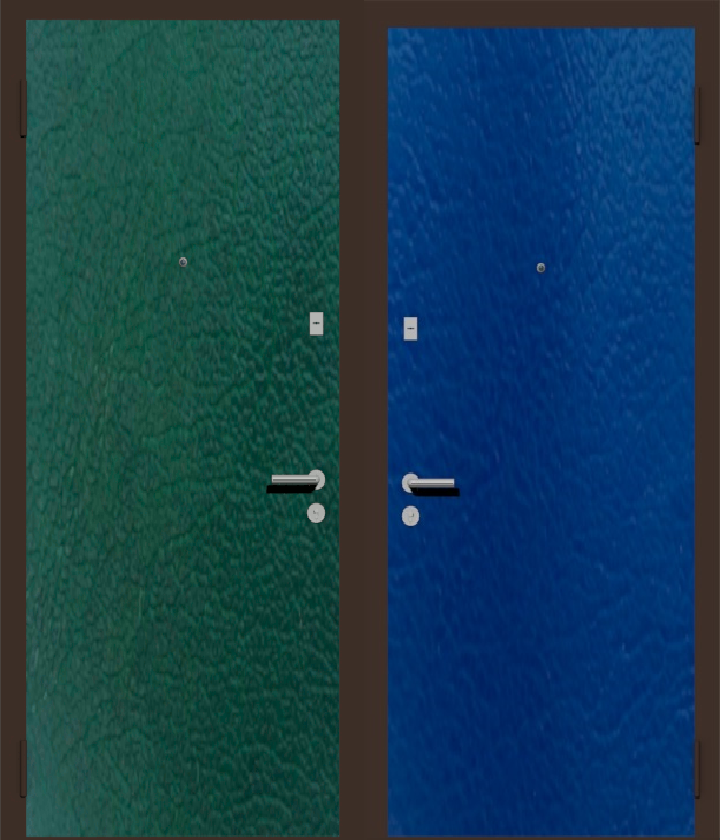 Дешевая входная металлическая дверь с отделкой винилискожа изнутри: синяя, снаружи: зеленая