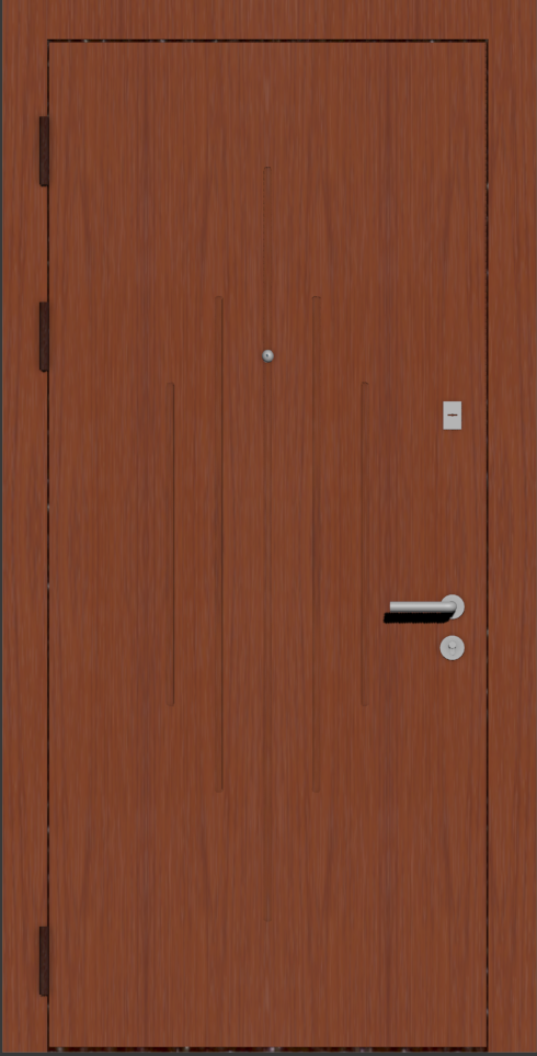 Входная дверь с отделкой цвета dвишня и стильным рисунком на МДФ панели line3